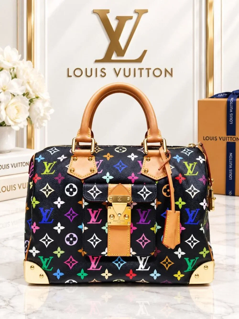 Authentic Louis Vuitton Speedy 30 Multicolor Monogram Black Canvas Murakami Bag
